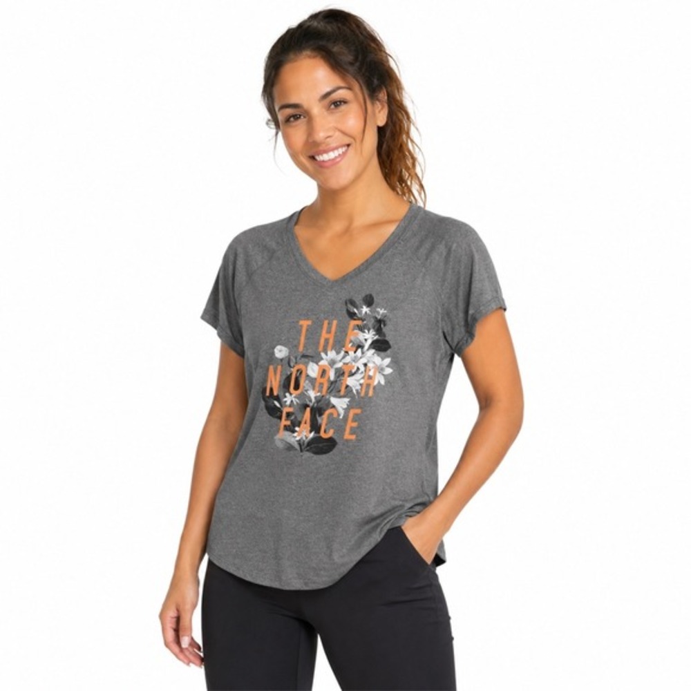 The North Face Gray Floral Graphic Active Fit V-Neck T-Shirt L Activewear 73-51